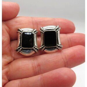 Avon Earrings Vintage Silver‎ Tone Pierced Stud Black Enamel Center Rope Design